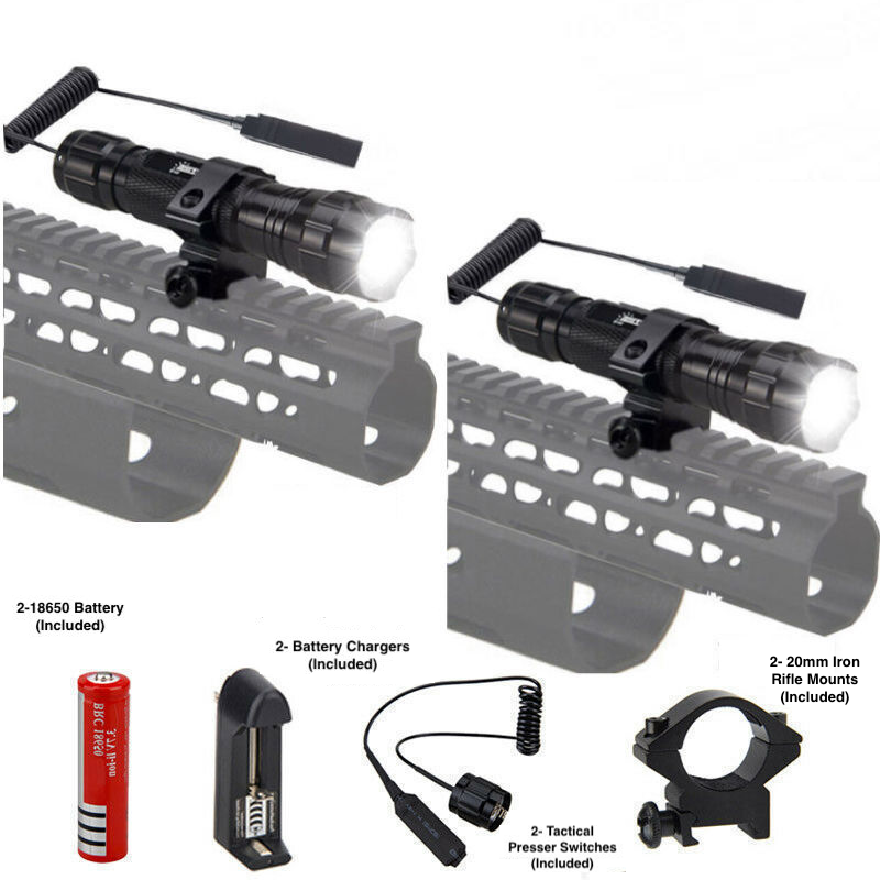 2 Pack T6 LED Flashlight 5 Mode Tactical Rifle Mount Torch Pressure Sw